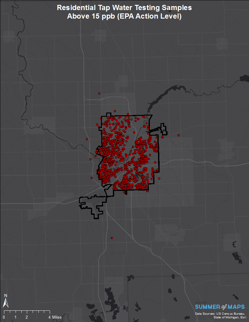 Flint, Michigan residential tap water samples over 15 ppb