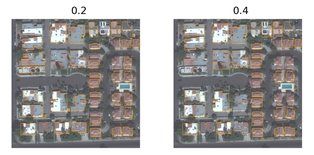 Examples of randomly dropped buildings.  (Light blue are ground truth, orange are shifted outlines)