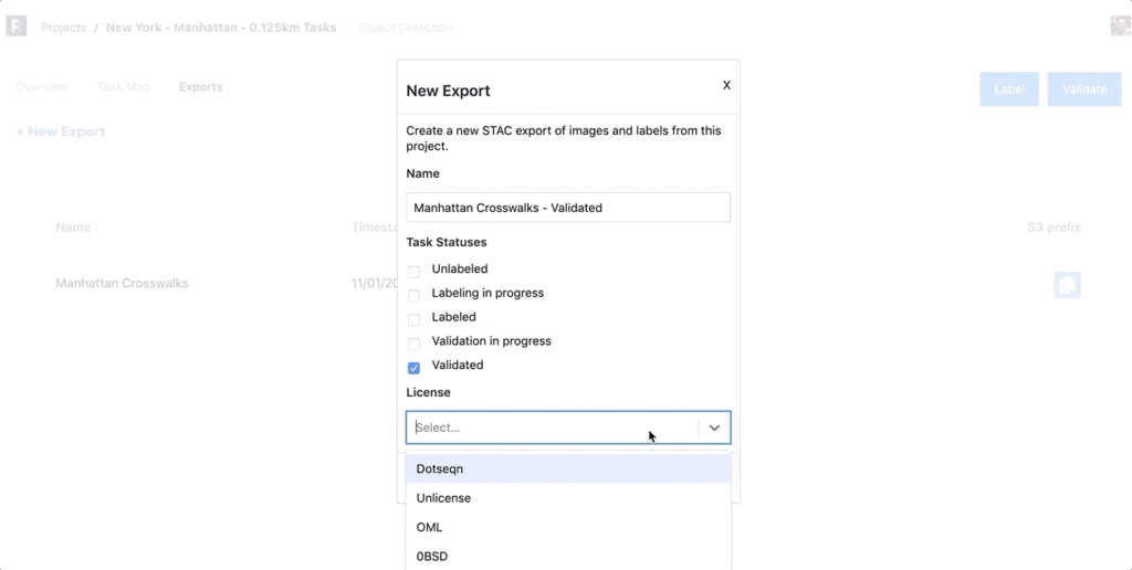 Screenshot of the Annotate tool exporting a STAC dataset