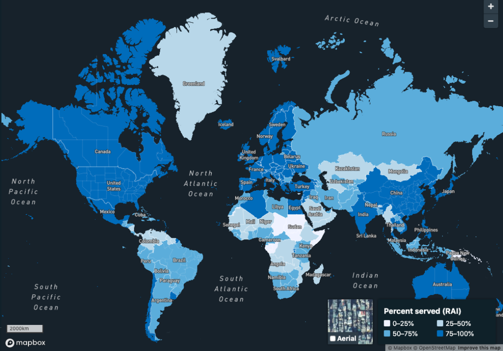 Map of the world with Rural Access Indicator scores