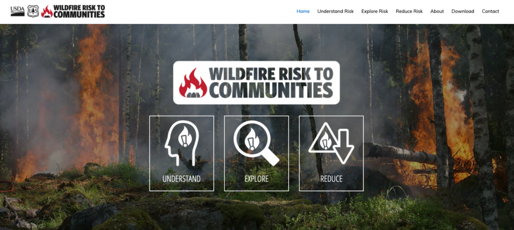 Home screen for the Wildfire Risk to Communities application