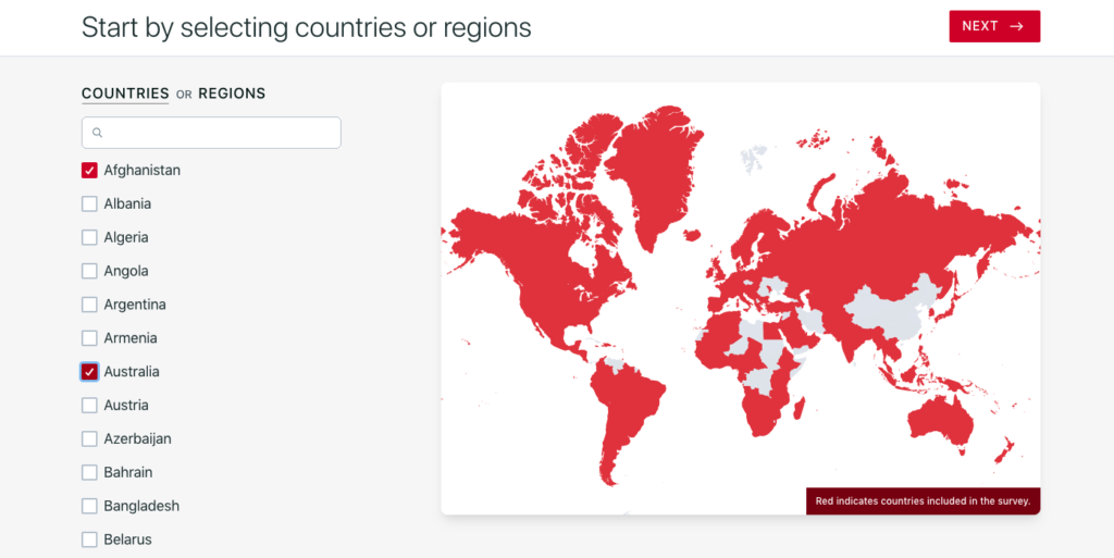 map with countries included in the survey highlighted in red. a list of country names on the lefthand side with Australia and Afghanistan checked.