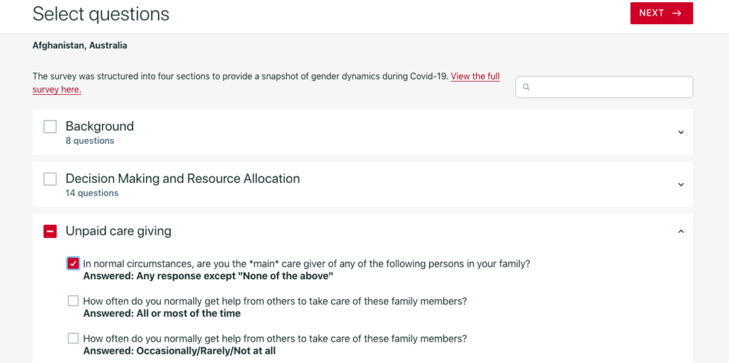 screen with different survey questions selected