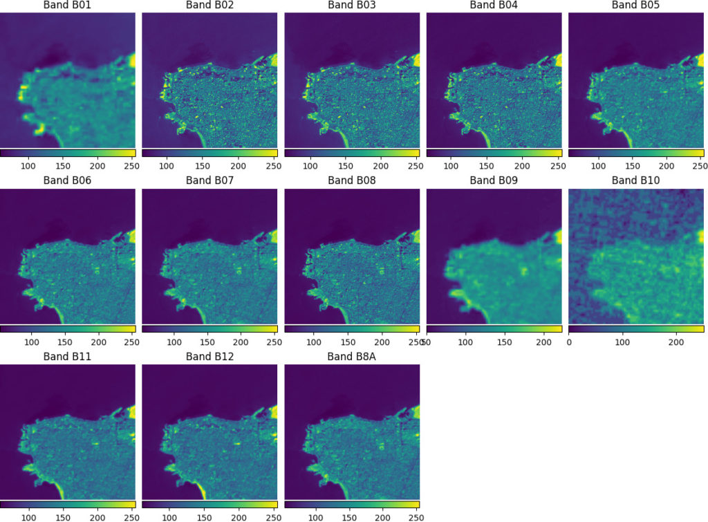 A grid showing 13 chips drawn from one of the rasters for Beirut. Each chip has a colorbar that shows the range of values of its pixels.