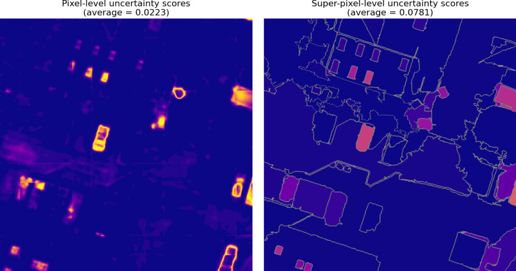Two side-by-side aerial images with elements highlighted. The image on the left has a lower overall score for the region, and there are no thin white lines around elements of the image as there are in the image on the right. 