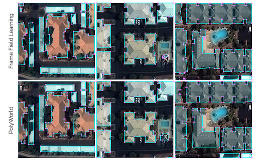 A grid of 6 images showing the differences between PolyWorld and FFL. PolyWorld is apparently better at generating right angles and more parsimonious polygons with fewer vertices. 