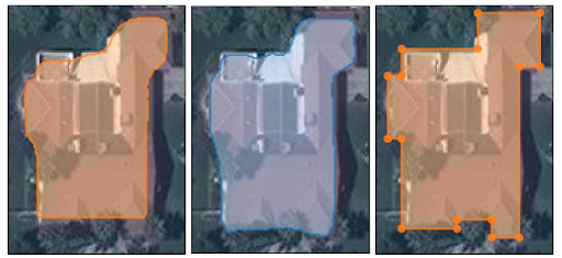 A comparison of polygons generated by instance segmentation (left) and PolyMapper, which uses fewer vertices and preserves right angles (right) 
