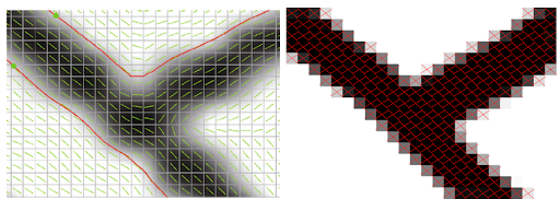 Left: tangent field representation of part of a line drawing. Right: frame field representation of the same drawing which is better at capturing the angles of corners