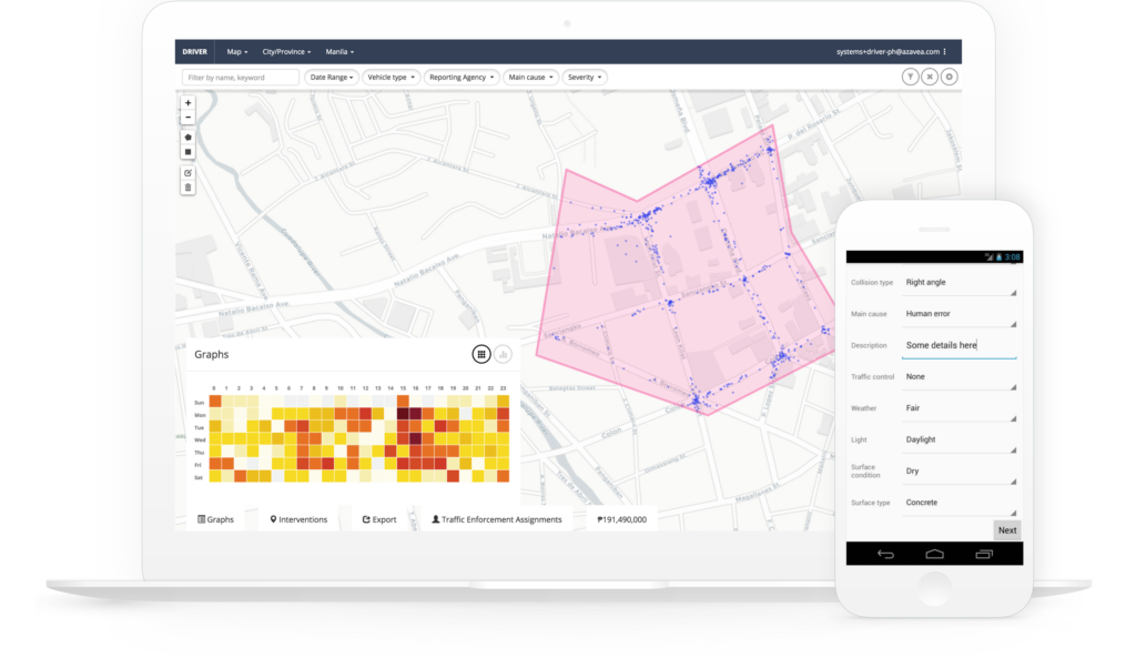 DRIVER application frontend displayed on a laptop and the backend displayed on a mobile smartphone. 