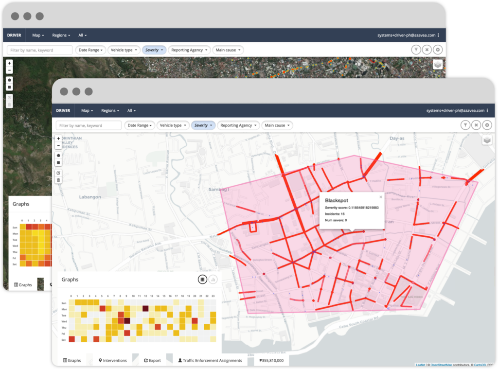 Two screenshots of DRIVER map feature on top of one another, one showing Blackspot highlighting and the other the satellite basemap.