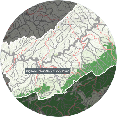 Zoomed into map visualization of a location that displays public lands. 