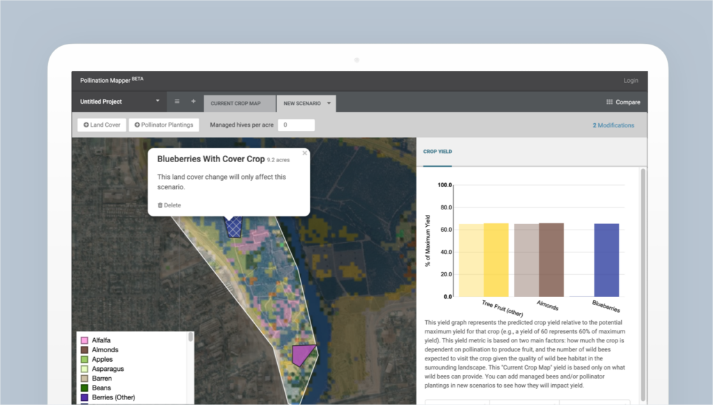 A screenshot of the Pollination Mapper application displaying how modeling a blueberry crop works within the application.
