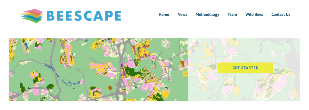 Screenshot of beescape app with the logo and an aerial map with a button that reads "get started"