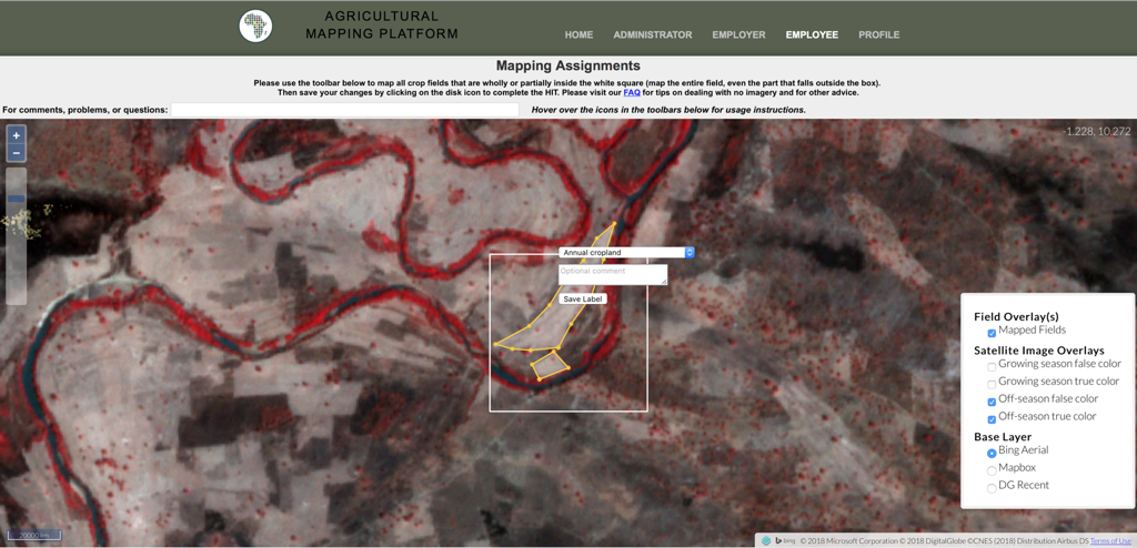 Screenshot of a selection of Annual cropland in an overlay of mapped fields from Bing Aerial. The screenshot is from the Agricultural Mapping Platform.