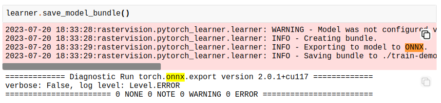 Screenshot of Raster Vision demonstrating the ONNX format and ONNX runtime prediction. 