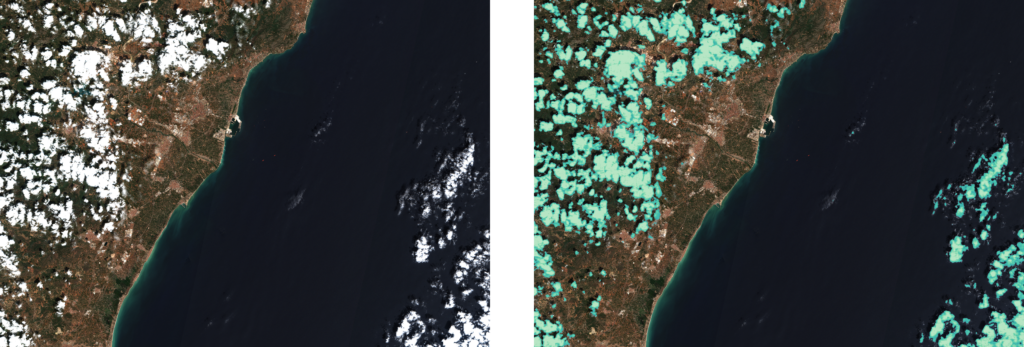 Aerial image of Castellón, next to an identical image processed with cloud detection. Where clouds are present in the image, they are highlighted with a blue/green screen. 