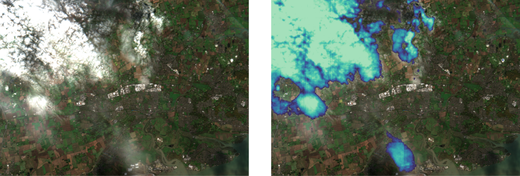 Aerial image of Greenwich, next to an identical image processed with cloud detection. Where clouds are present in the image, they are highlighted with a blue/green screen. 