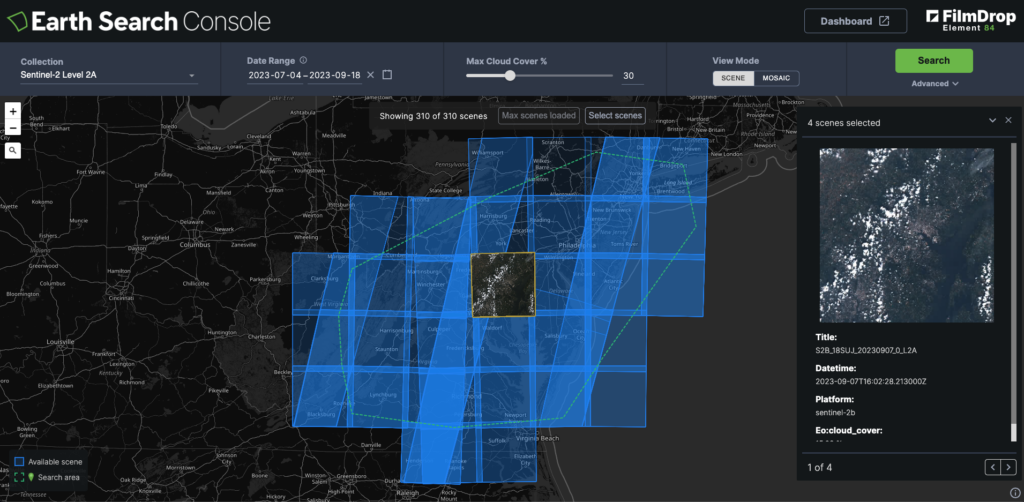 A screenshot from Earth Search Console with a visualization of data from Sentinel-2 Level 2A. The date range is set from July 2023 through September 2023, and there are 310 scenes shown with 4 scenes selected. T