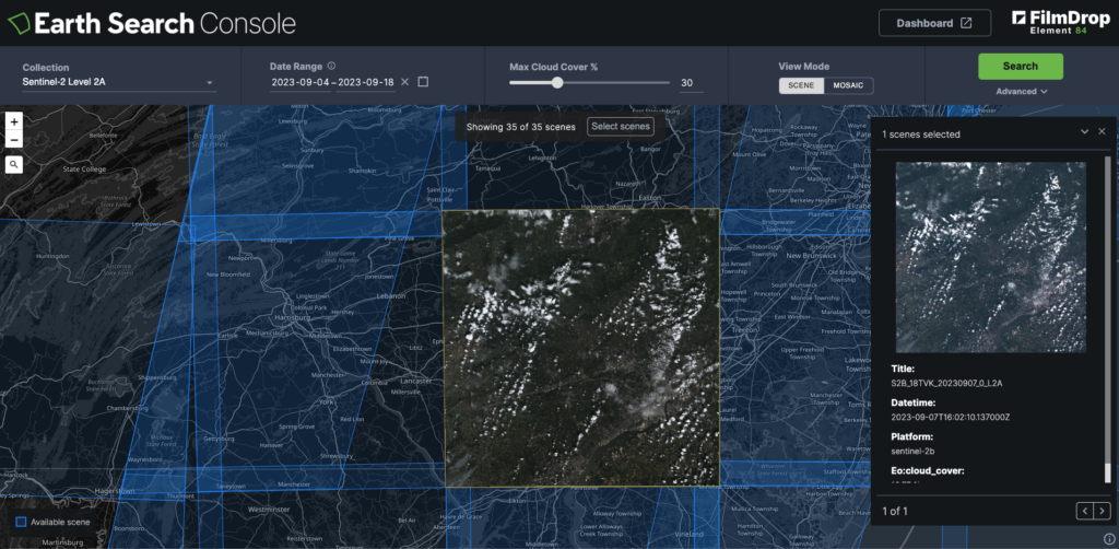 A screenshot of a basic search result in earth search console. 