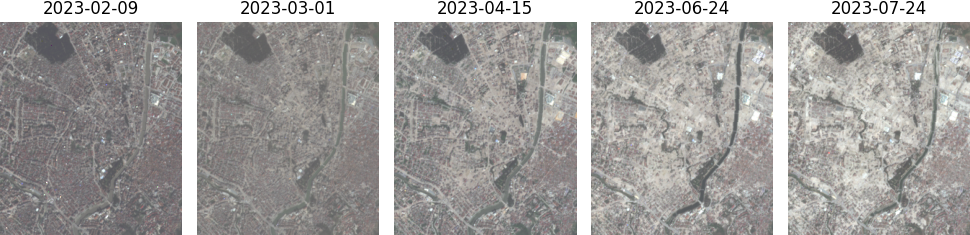 Sentinel-2 images of Antakya, Turkey captured after the earthquake on Feb 06, 2023. The Images span from Feb 9, 2023 to July 24, 2023, and as the images progress they become more sparse. 