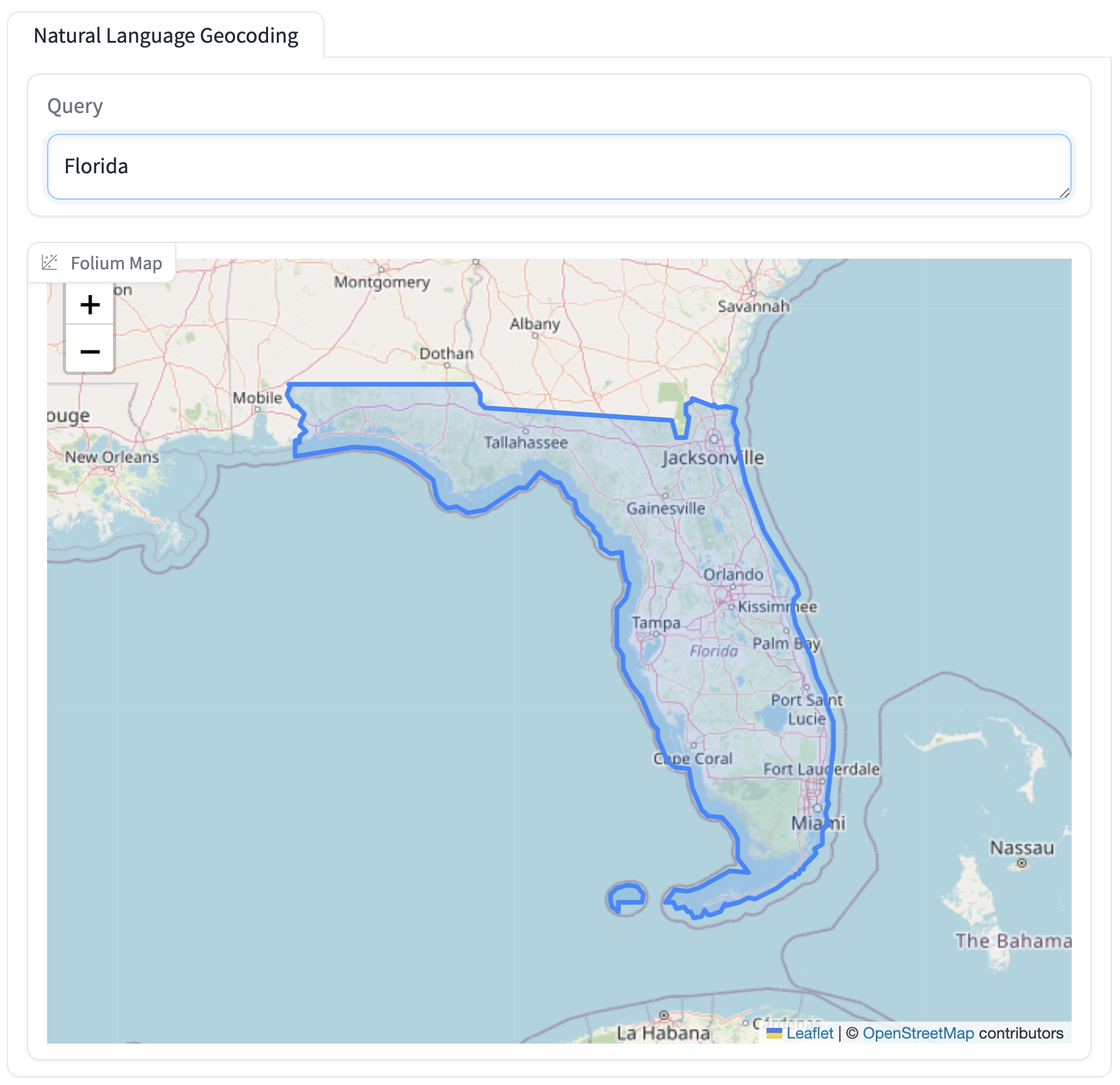 A screenshot of a map of Florida where a blue, shaded outline accurately covers the state of Florida. The query "Florida" is shown in a search bar. 