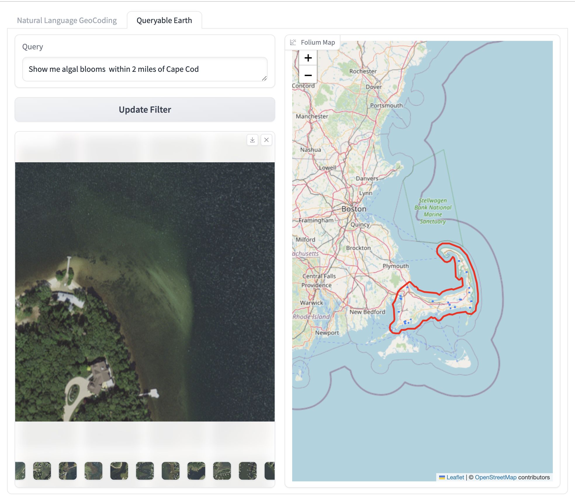 Partial screenshot of the world map, the Natural Language Geocoding query selected is "Show me algal blooms within 2 miles of Cape Cod" and the portion of Massachusetts is appropriately outlined in a blue line. There is an image of the algal blooms tiled next to the map.