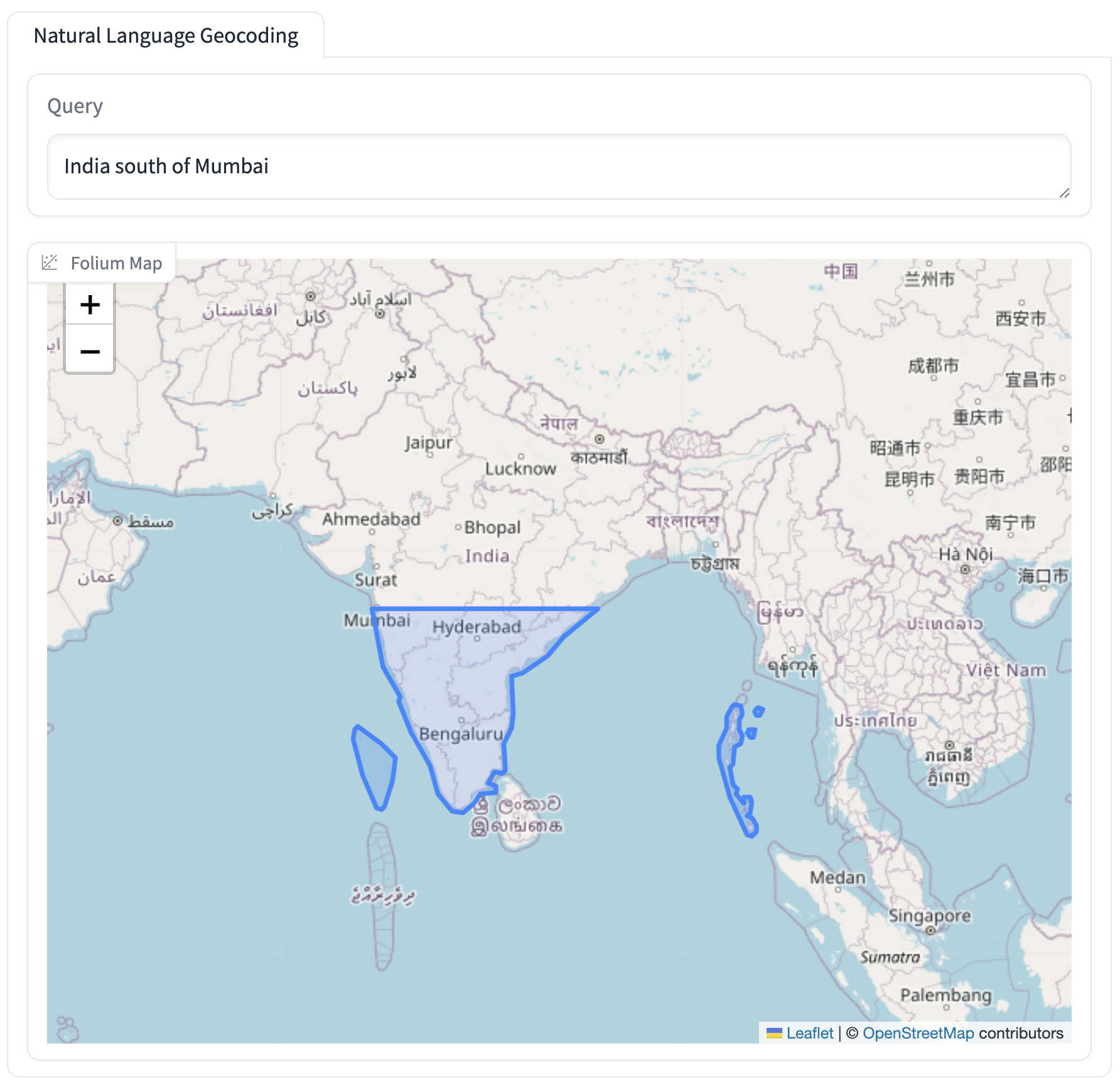 Partial screenshot of the world map, the Natural Language Geocoding query selected is "India south of Mumbai" and the bottom of India is appropriately outlined in a blue line. 