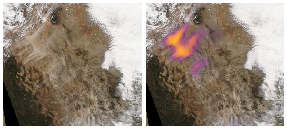 MODIS image depicting a sandstorm that is picked up by a sensor. 