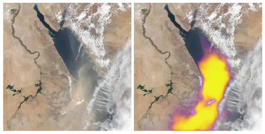 Aerial input image showing clouds, desert, and water on the left, with a neon pink and yellow section over the water section overlayed over it on the right showing predicted probability of dust. 
