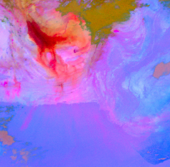 A brightly colored image with blues, purples, pinks, and some yellow demonstrating an example dust RGB image. 