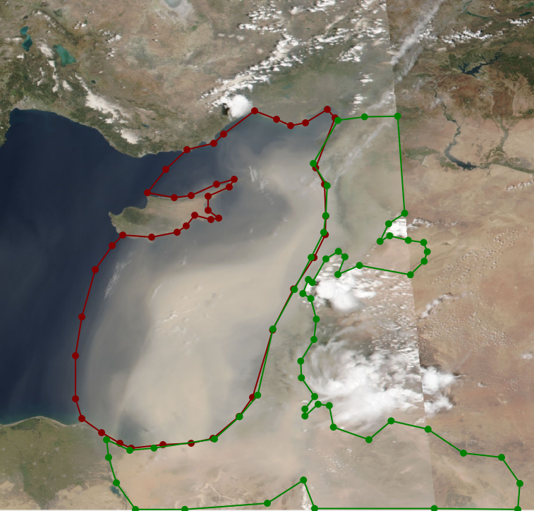 An aerial image with intense sandstorms outlined over water and desert terrain. 
