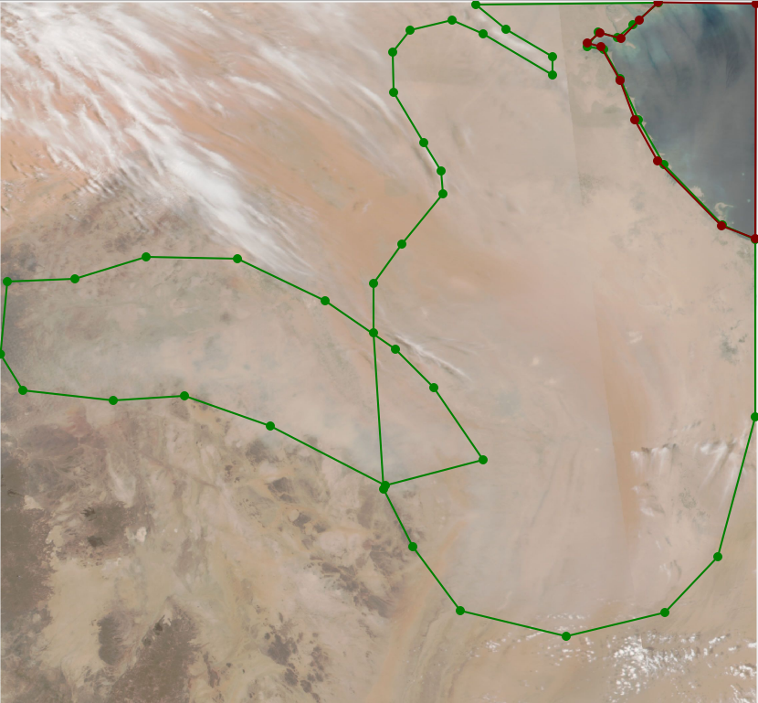 An aerial image with less intense sandstorms outlined over water and desert terrain. 