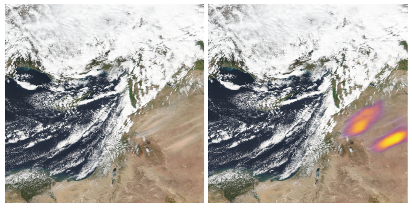 Aerial input image showing clouds, desert, water, and some vegetation on the left, with two small neon pink and yellow sections over the desert section overlayed over it on the right showing predicted probability of dust. 
