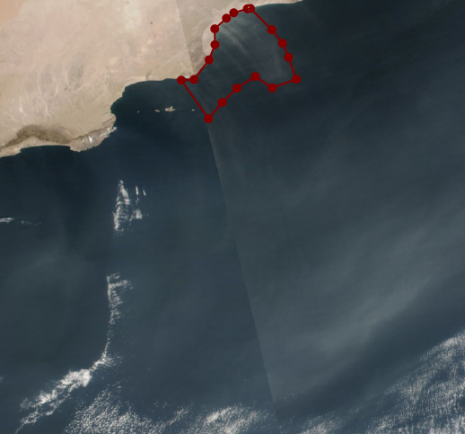 An aerial image with a polygon labelling a potential sandstorm over a body of water. 