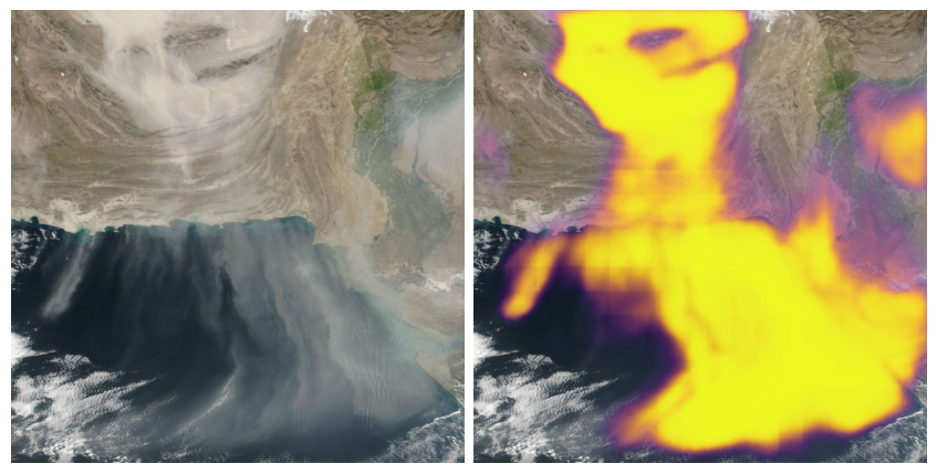 Aerial input image showing desert, water, and some vegetation on the left, with neon pink and yellow overlayed over it on the right showing predicted probability of dust. 
