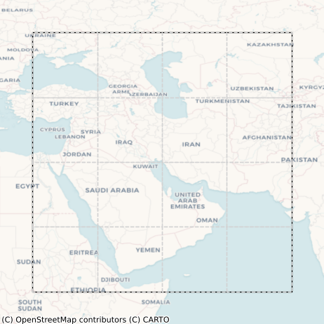 A section of a map with a dotted line surrounding countries including Turkey, Iran, Yemen, and Afghanistan. 