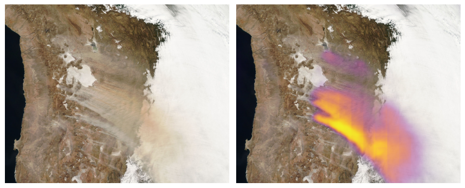 MODIS image depicting a sandstorm that is picked up by a sensor. 