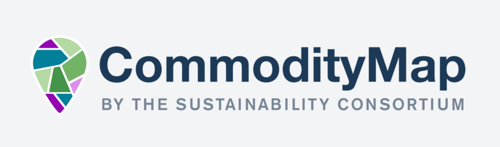 Screenshot of the CommodityMap logo. The logo includes the name of the tool and a mosaic-looking multi-colored location pin. 