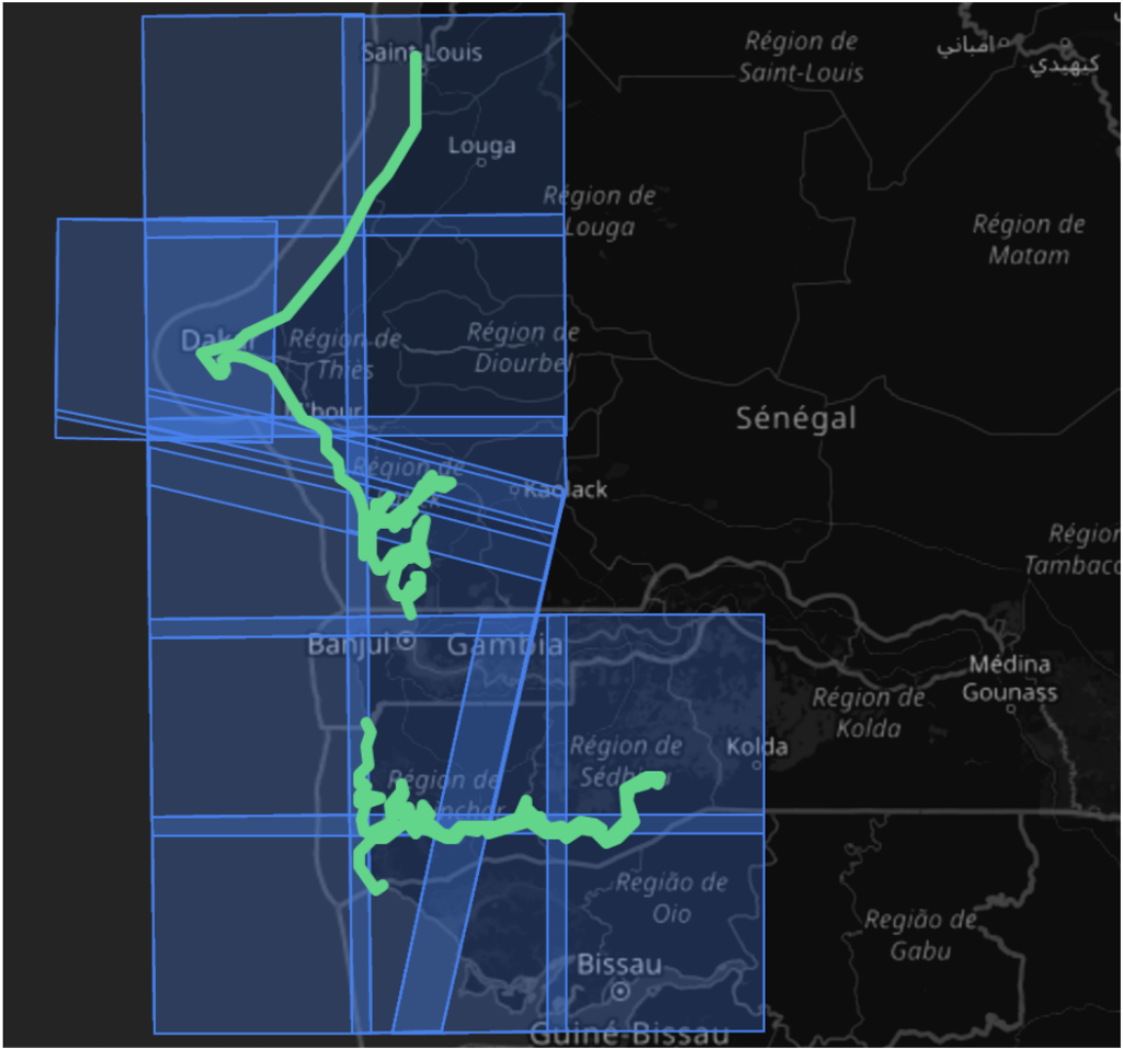 Blue boxes over a map of Senegal with a green line over it. The query entered was "Show me Sentinel 2 level 2 items over the Senegal coastline
with less than 20% cloud coverage in 2021”