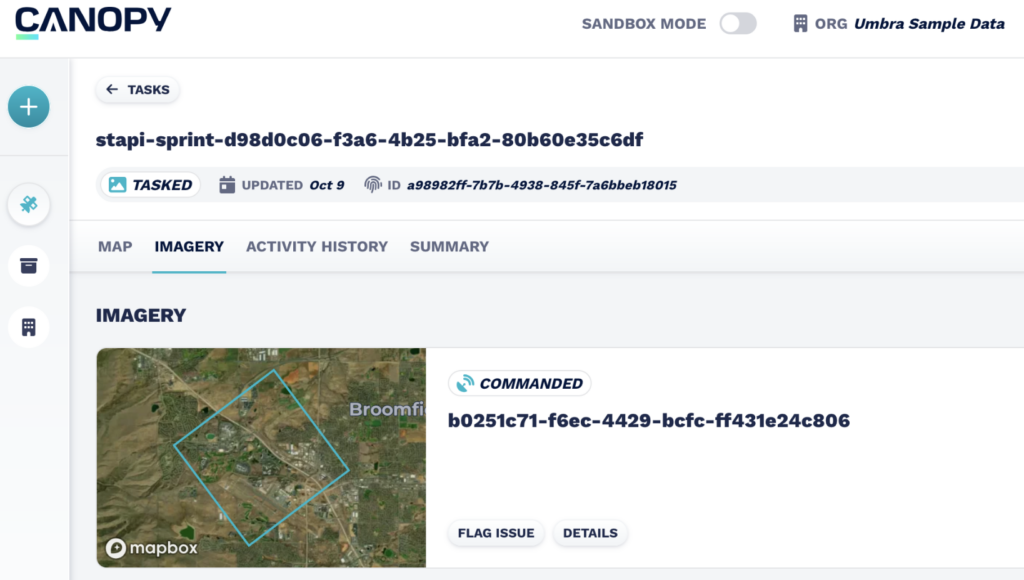 Screenshot of the order the Umbra team placed for the SAR image. It says the image is tasked and commanded, and there is an aerial image preview of the region selected. 