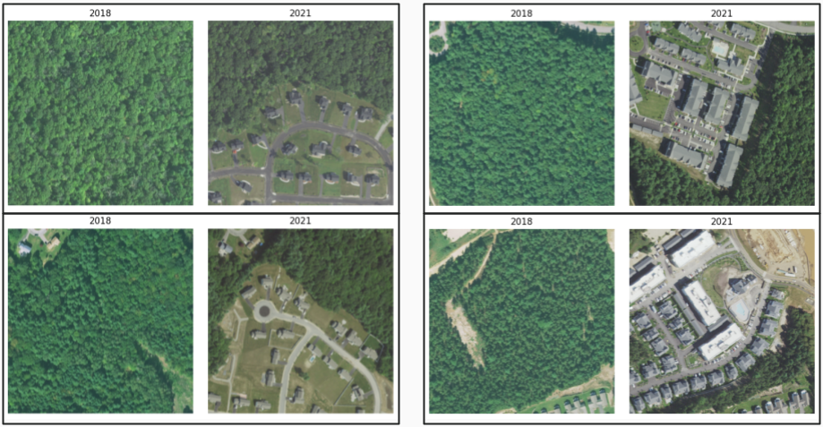 Four sets of side-by-side aerial images from 2018 and 2021. In the 2018 images there are forests shown and in the 2021 images there are buildings.  