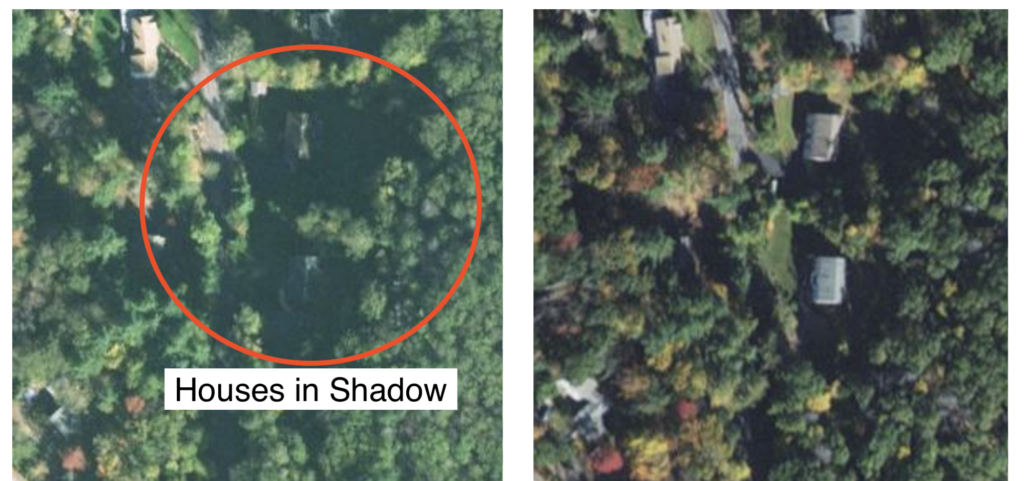 Two identical aerial images, but in one image there is shadows over the houses. In the shadow image there is a red circle around the houses reading "houses in shadow". 