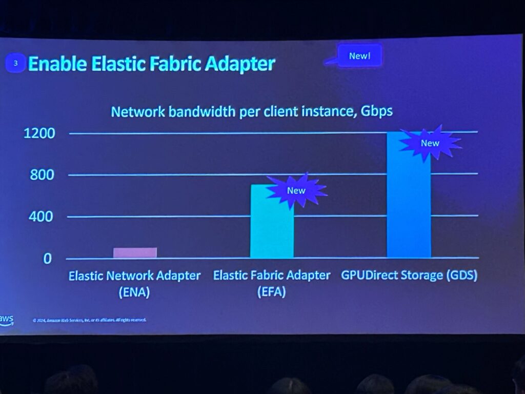 Bar graph titled "Enable Elastic Fabric Adapter" with bars showing Network bandwidth per client instance, Gbps. The three bars shown are Elastic Network Adapter (ENA), Elastic Fabric Adapter (EFA), GPUDirect Storage (GDS). 