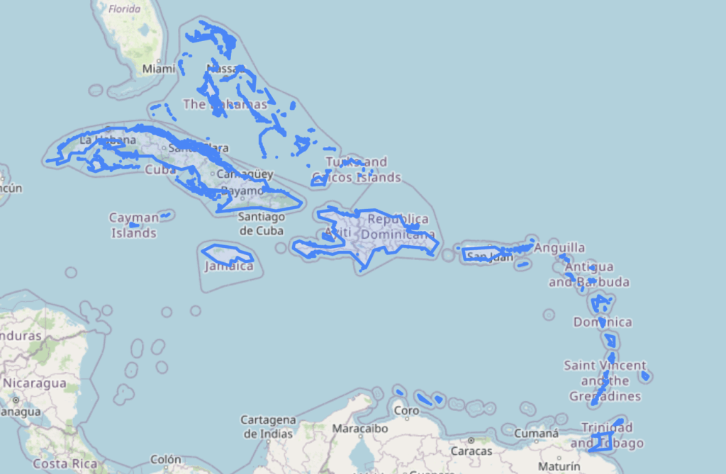 A screenshot of a map of the Caribbean region. The 27 countries, regions, and dependancies that are grouped into the Caribbean more generally are outlined in blue. 