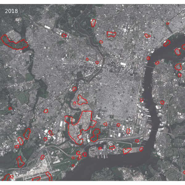 Animation comparing imagery from 2018 and 2024, overlaid with polygons indicating area of maximum change as measured by the AEF change intensity map above.