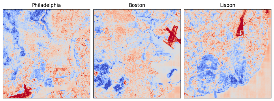 Three side-by-side images of airports detected in Philadelphia, Boston, and Lisbon. 