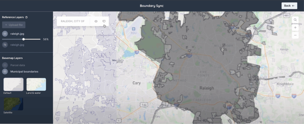 Screenshot of the BoundarySynce Application with the Raleigh area selected under reference layers. 