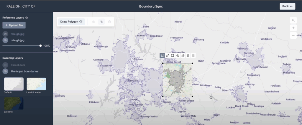 Screenshot of BoundarySync showing an uploaded file overlayed over the map to compare areas. 