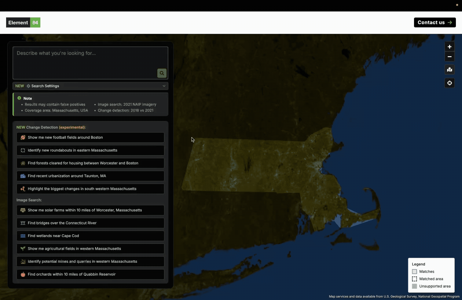 A gif showing the change detection feature in our demos. the query used is "show me new football fields around boston" and users are able to compare plots with football fields from 2018 to 2021. 